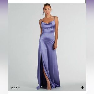 Satin Purple Cowl Neck A-Line Long Formal Dress